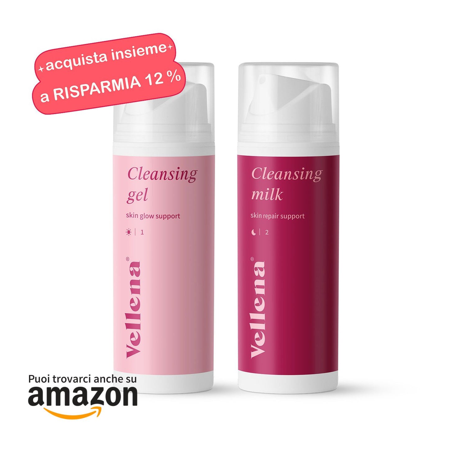 Duo per una pulizia perfetta della pelle | Gel detergente Glow + Latte detergente Repair | Vellena