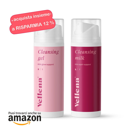 Duo per una pulizia perfetta della pelle | Gel detergente Glow + Latte detergente Repair | Vellena